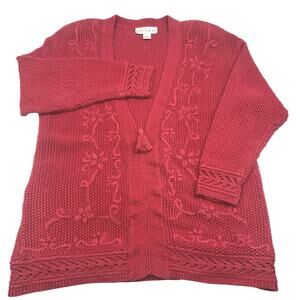 Vintage Cottagecore Embroidered Heavy Chunky New York Style Zip Cardigan Sz L